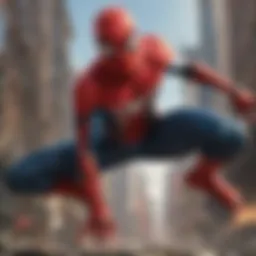 A dynamic depiction of Spider-Man swinging through a city skyline.