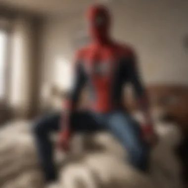 Cozy Bedroom Setting A cozy bedroom setting featuring a pair of black Spider-Man pajamas laid out on a bed.