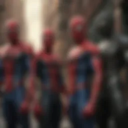 Three Spider-Man versions facing each other in a cinematic showdown