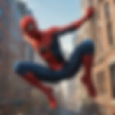 Spider-Man in Action: The Iconic Swing Spider-Man swinging through the city skyline