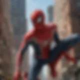 Iconic scene of Spider-Man swinging through the city