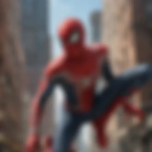 Iconic scene of Spider-Man swinging through the city