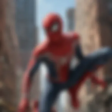 Spider-Man in Motion Iconic scene of Spider-Man swinging through the city
