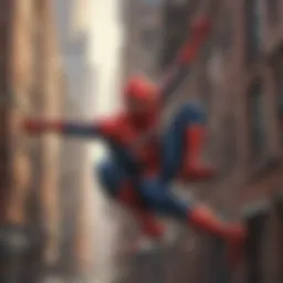 The iconic Spider-Man swinging through the city skyline