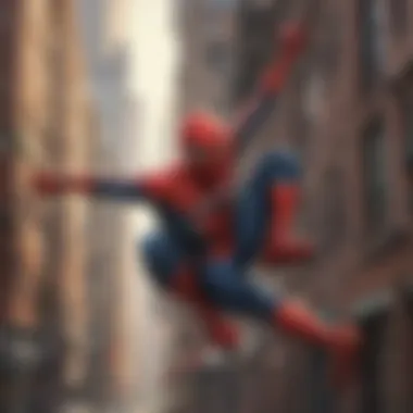 The iconic Spider-Man swinging through the city skyline