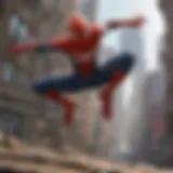 Spider-Man swinging through a bustling cityscape in a video game