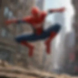 Spider-Man swinging through a bustling cityscape in a video game