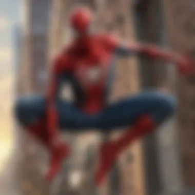 Spider-Man in Action Spider-Man swinging through the city skyline