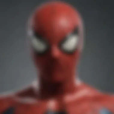 Close-up of Spider-Man's mask with reflections of New York