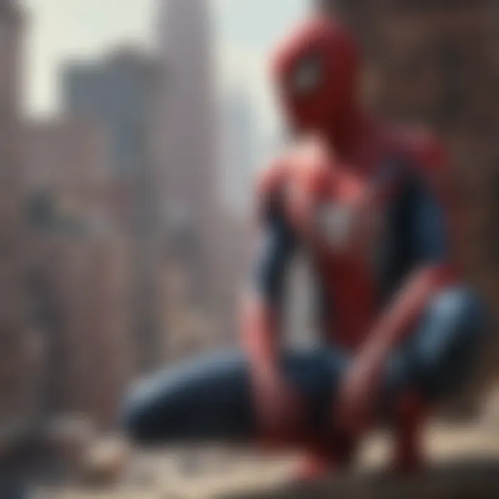 Spider-Man in a reflective pose overlooking the city skyline at sunset