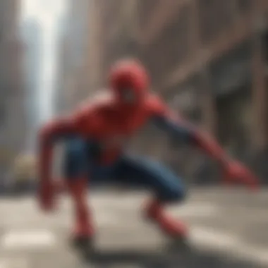 Artistic representation of Spider-Man skating through a vibrant cityscape