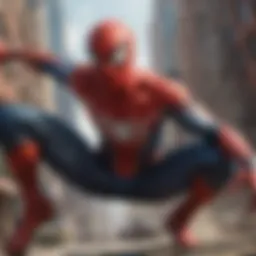 Dynamic action scene featuring Spider-Man swinging through the city