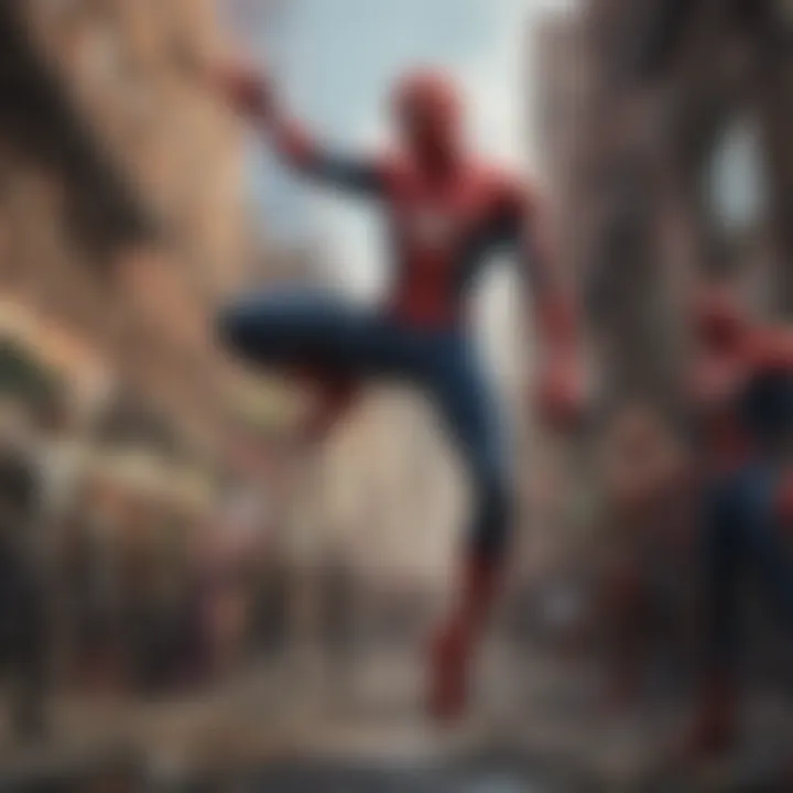 Key characters like Spider-Man and his allies in a vibrant scene