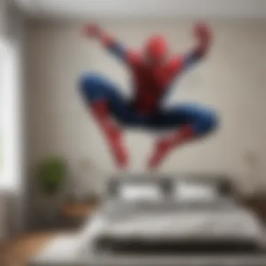 A stylish Spider-Man themed bedroom featuring decorative pillows and wall decals.