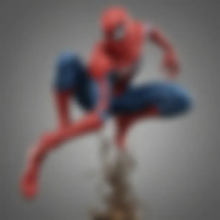 An engaging display of Spider-Man figurines arranged on a shelf, capturing various poses.