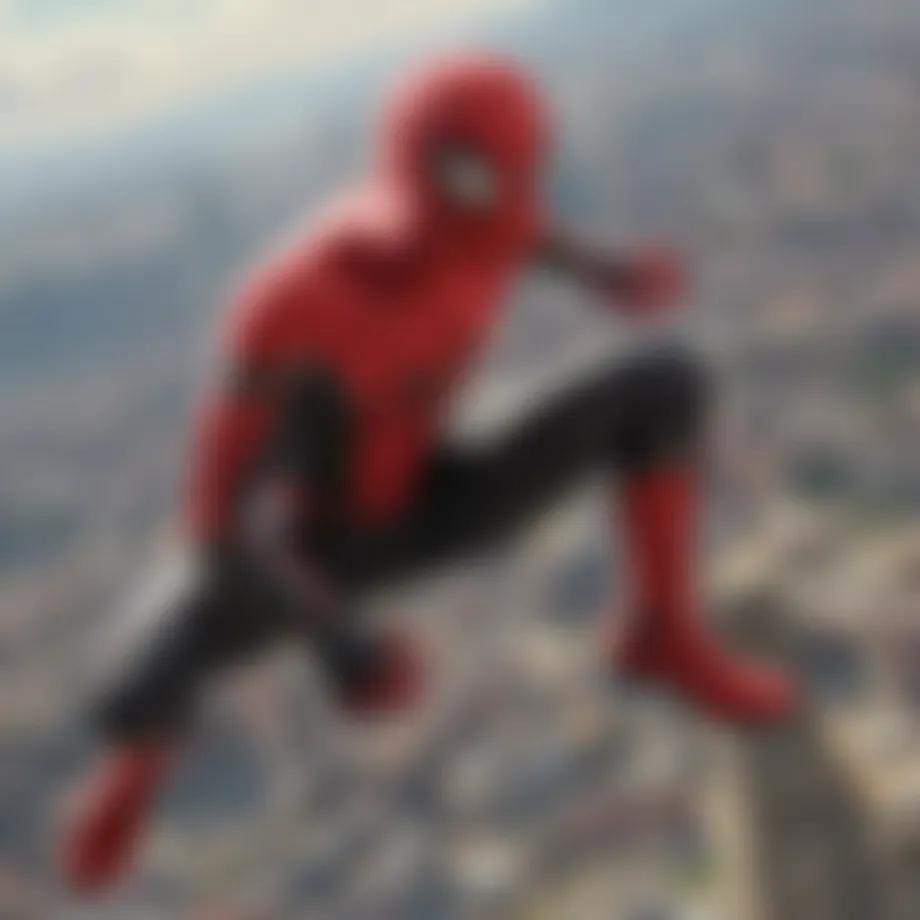 A scene depicting Spider-Man's aerial acrobatics above a European cityscape