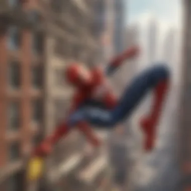 Spiderman swinging through the city skyline