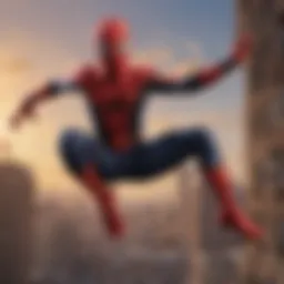 Tom Holland in Spider-Man suit swinging through cityscape