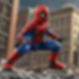 A detailed view of a LEGO Spider-Man set showcasing Spider-Man in action against a villain.