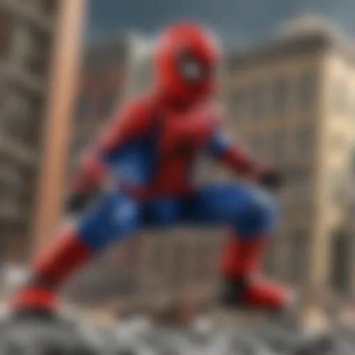A detailed view of a LEGO Spider-Man set showcasing Spider-Man in action against a villain.