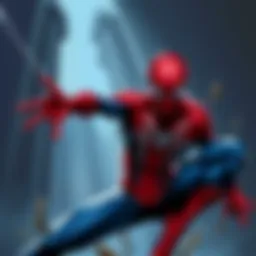 Dynamic depiction of Spider-Man swinging through the cityscape