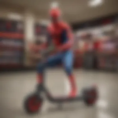 Display of various Spider-Man scooters in a retail setting