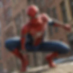 A dynamic scene showcasing Spider-Man swinging through the cityscape of New York.