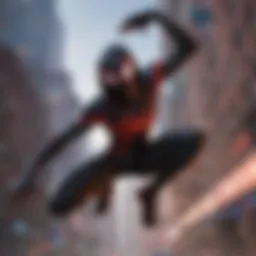Dynamic pose of Miles Morales showcasing his agility and unique Spider-Man suit.