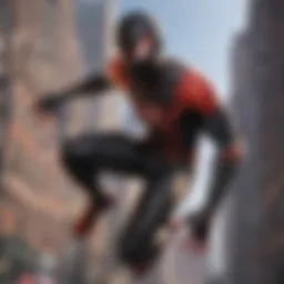 Miles Morales swinging through the city skyline