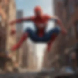 An iconic Spider-Man pose against a city skyline