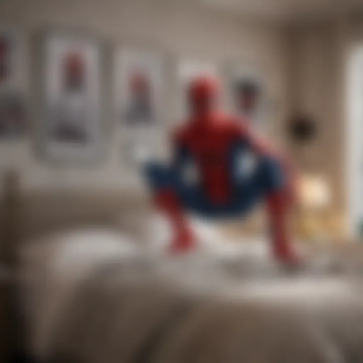 A cozy bedroom featuring Spider-Man themed decor and bed sheets