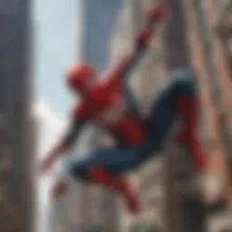 Cinematic representation of Spider-Man swinging through the city