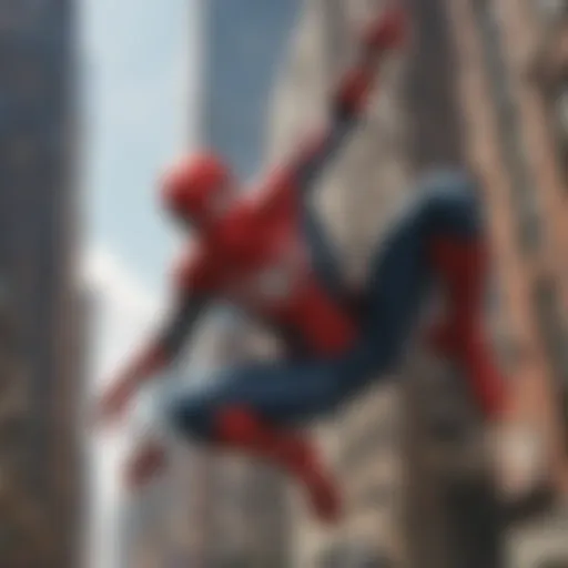 Cinematic representation of Spider-Man swinging through the city