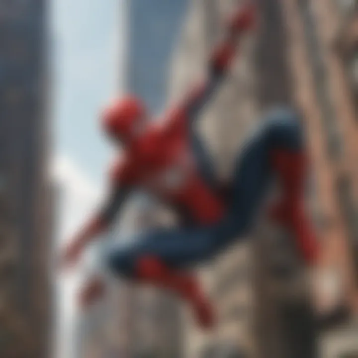 Cinematic representation of Spider-Man swinging through the city