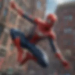 Spider-Man swinging through a vibrant cityscape
