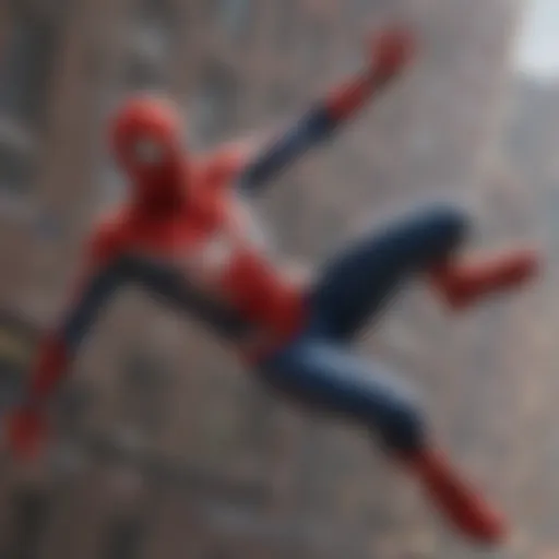 Iconic Spider-Man swinging through the city skyline in a vibrant game setting