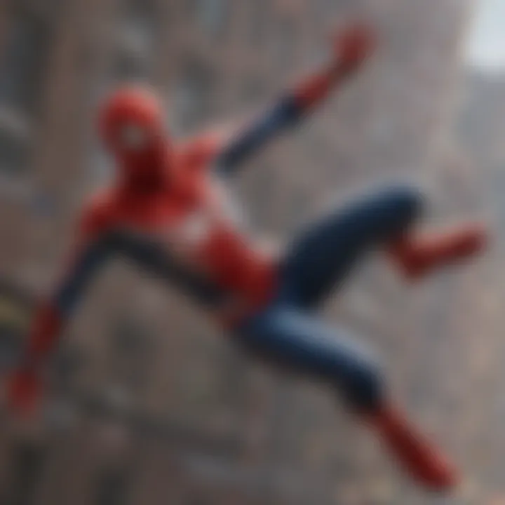 Iconic Spider-Man swinging through the city skyline in a vibrant game setting