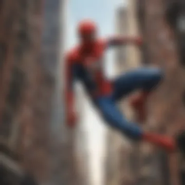 Spider-Man swinging through New York City skyline