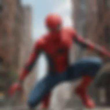 Spider-Man in Action Spider-Man swinging through the city skyline