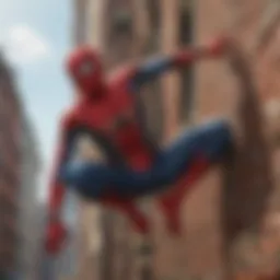 A dynamic portrayal of Spider-Man swinging through New York City, highlighting his agility and connection to the urban landscape.