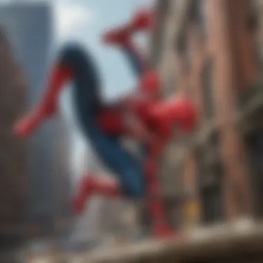 Spider-Man in Action Spider-Man swinging through the city skyline