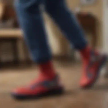 Fan wearing Spider-Man house shoes while relaxing at home