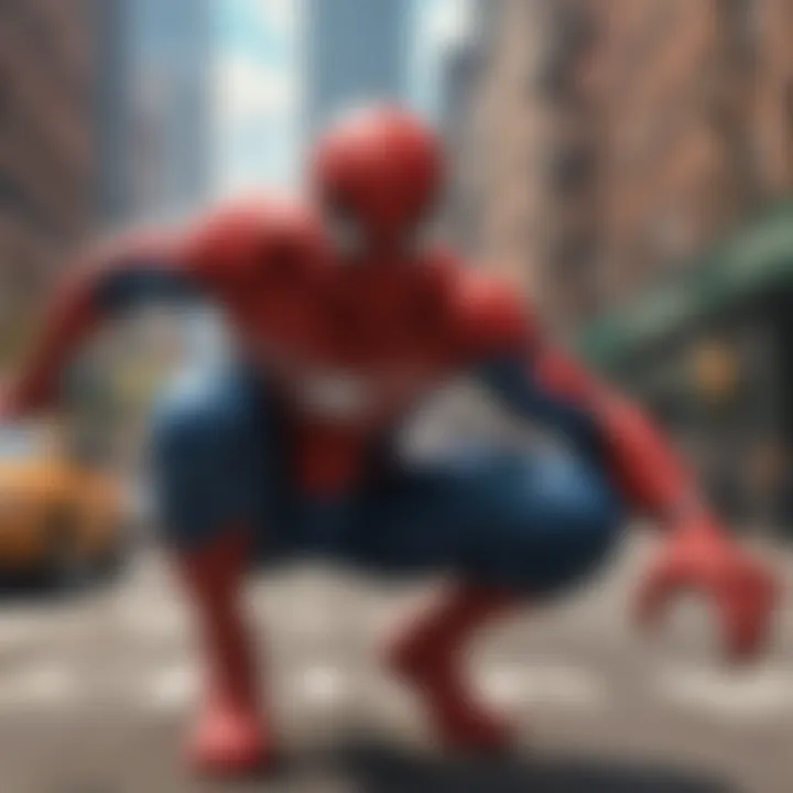 Screenshot of a vibrant in-game cityscape featuring Spider-Man