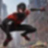 A dynamic scene showcasing Miles Morales in action amidst a vibrant cityscape.