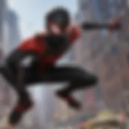 A dynamic scene showcasing Miles Morales in action amidst a vibrant cityscape.