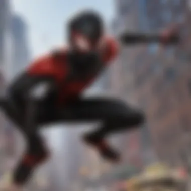 Miles Morales in Action A dynamic scene showcasing Miles Morales in action amidst a vibrant cityscape.