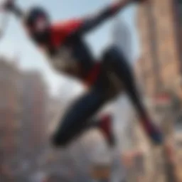 A dynamic shot of Miles Morales swinging through the cityscape