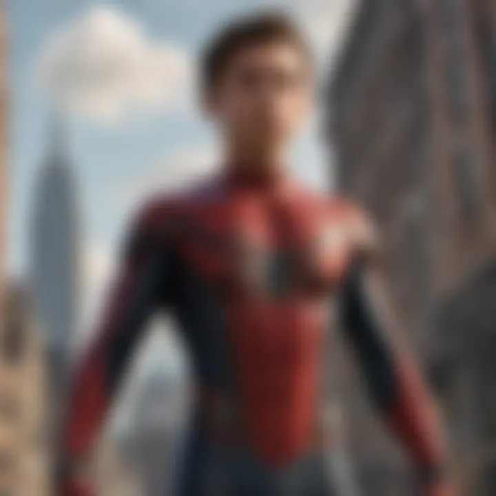 Tom Holland in his iconic Spider-Man suit against a city skyline.