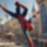 A vibrant depiction of Spider-Man swinging through the California Adventure park