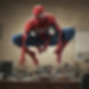 Subtle Spider-Man themed wallpaper in a home office